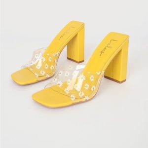 Viona Yellow Floral Print High Heel Sandals from Lulus